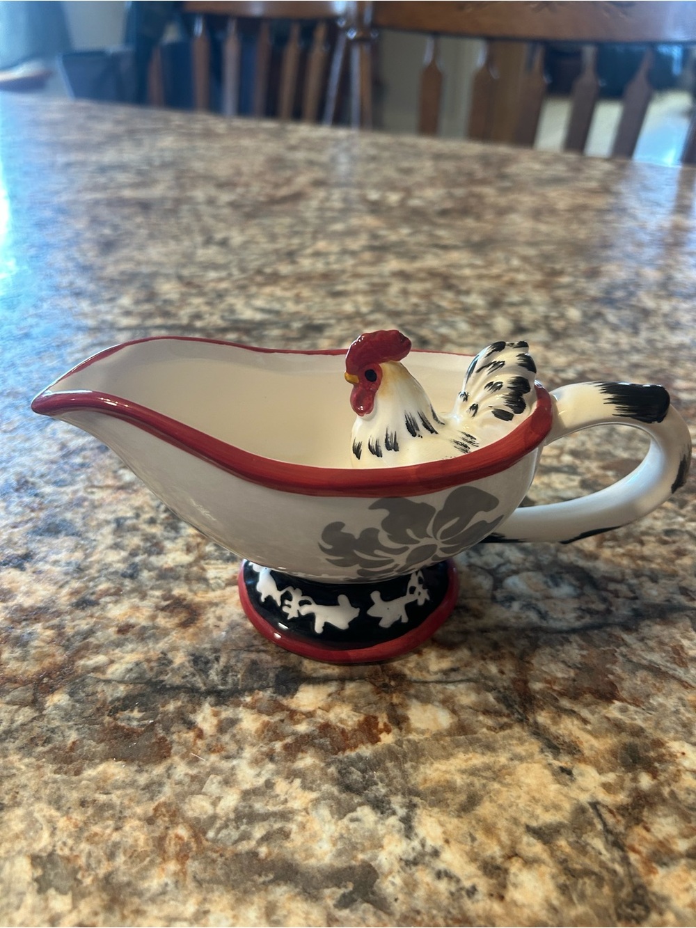 Ceramic Rooster Gravy Boat with Red Trim